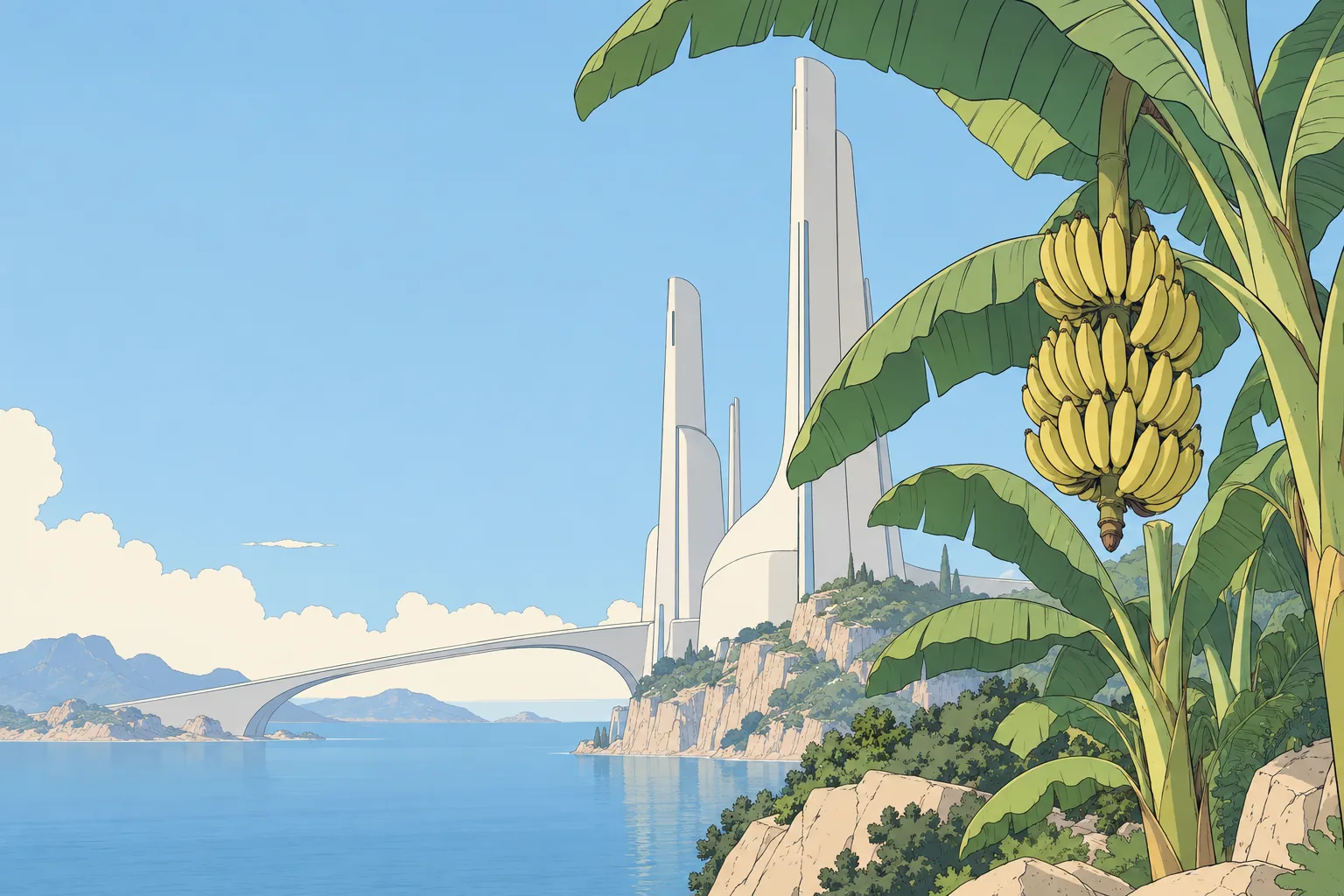 Clear-line illustration: banana plants with a ripe bunch in front of tall white towers and a sweeping bridge over the sea