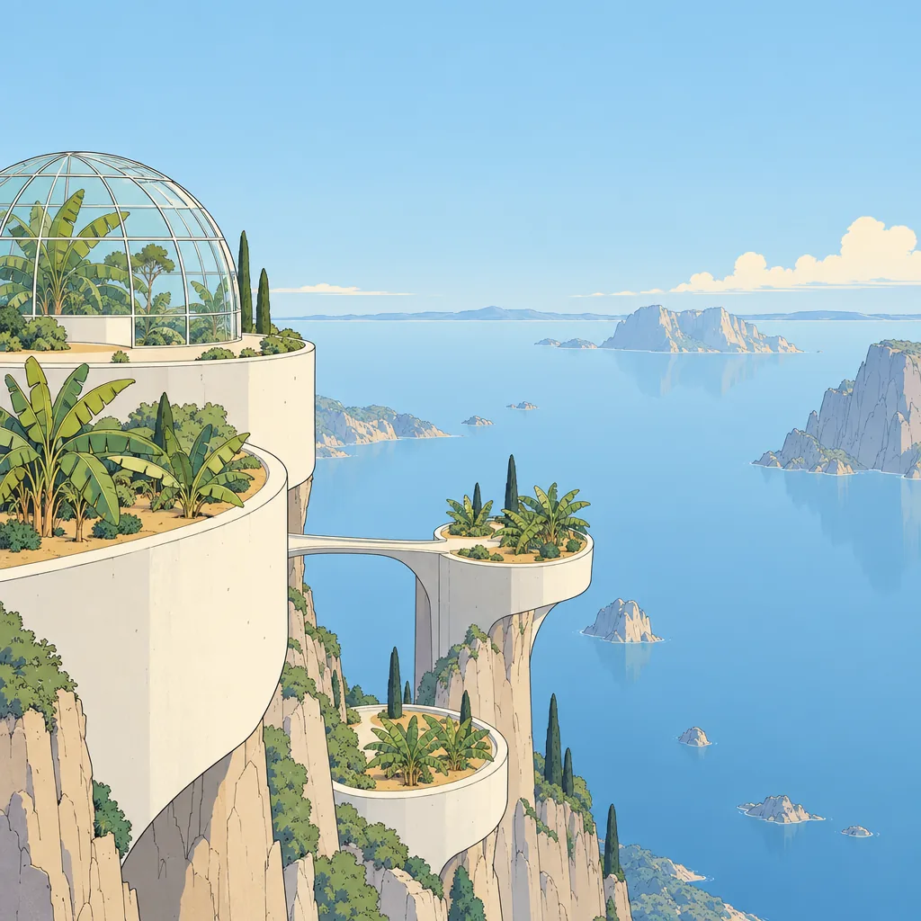 Clear-line illustration: curved white garden terraces with banana plants and a glass dome on a cliff above the sea