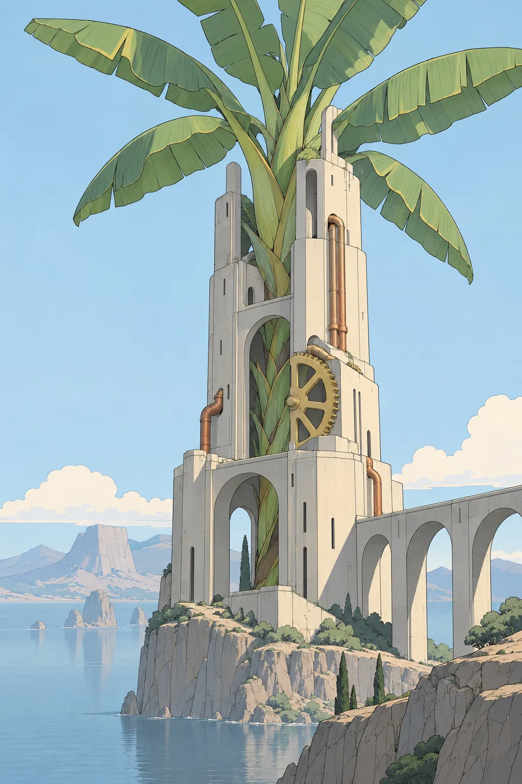 Clear-line illustration: a banana tree growing up through a white tower with copper pipes and a brass gear
